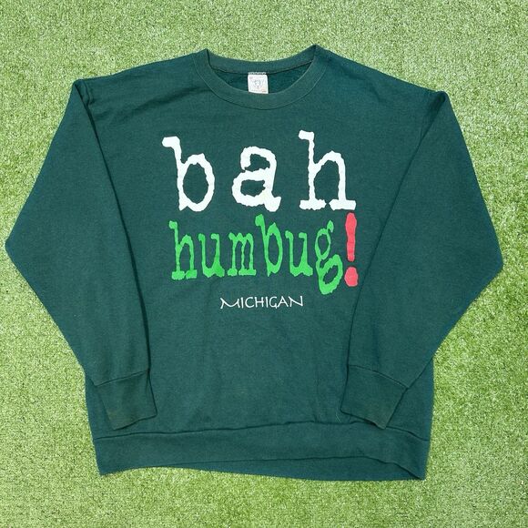 VINTAGE BAH HUMBUG Michigan Size XL DELTA Tag USA GREEN Xmas SWEATSHIRT 90s - Picture 1 of 5